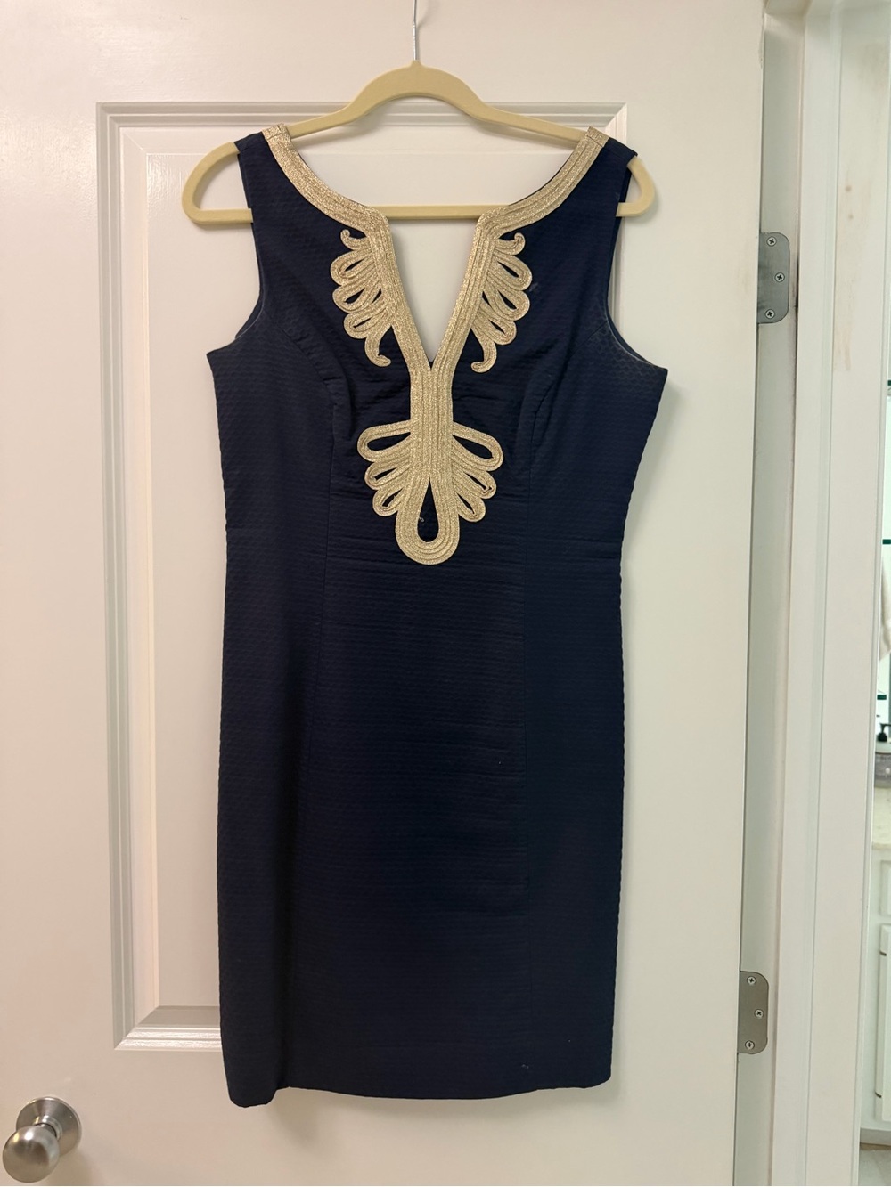 Lilly Pulitzer Navy Midi Dress with Gold Embroidered V-Neckline